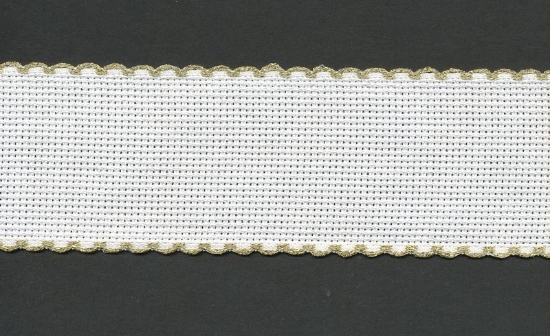 Picture of 1 Metre White Aida Band 3cm/11/4 Inch White With a Gold Scalloped Edging
