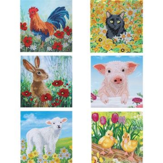 Picture of Set of 6 Springtime Designs - Spring Chicks, Little Lamb, Pig on the Fence, Wild poppies and the Hare, Cockerel in the Field and Cat amongst the Flowers, 18x18cm Crystal Art Card