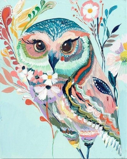 Picture of Colorful Owl Watercolor Printed Cross Stitch Kit by Figured Art