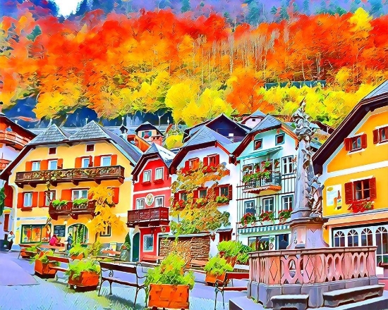 Picture of Colorful Village in Europe in Autumn Printed Cross Stitch Kit by Figured Art