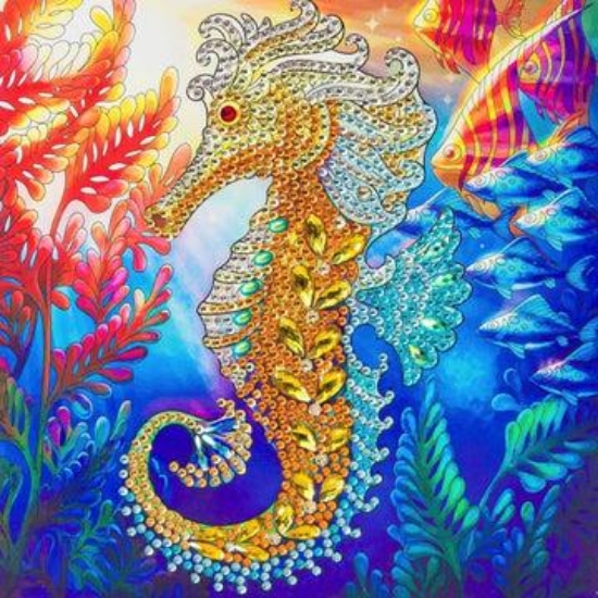 Picture of Golden Seahorse, 18x18cm Crystal Art Card