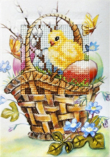 Picture of Easter Chick in a Basket - Printed Cross Stitch Easter Card Kit by Orchidea