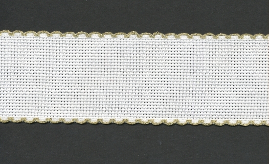 Picture of Offcuts Zweigart Aida Band 5cm/2 Inch Wide White with a Gold Scalloped Edging (Multiple Sizes)