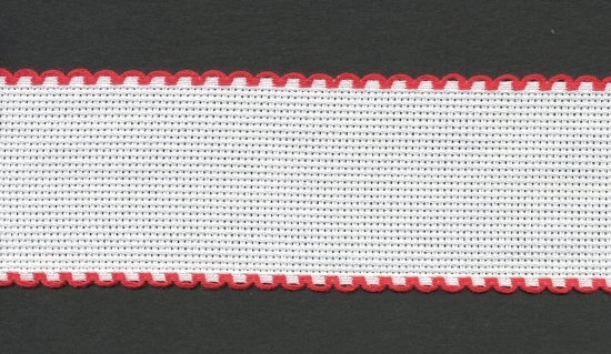 Picture of Offcuts Zweigart Aida Band 5cm/2 Inch Wide White with a Red Scalloped Edging (Multiple Sizes)