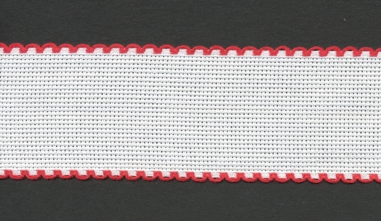 Picture of Offcuts Zweigart Aida Band 5cm/2 Inch Wide White with a Red Scalloped Edging (Multiple Sizes)
