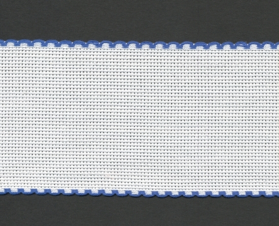 Picture of Offcuts Zweigart Aida Band 8cm/3.25 Inch Wide White with a Blue Scalloped Edging (Multiple Sizes)
