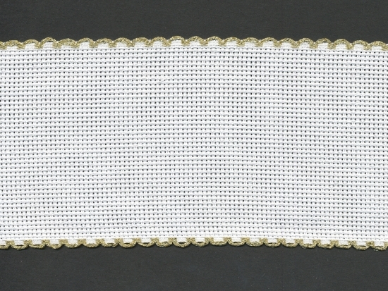 Picture of Offcuts Zweigart Aida Band 8cm/3.25 Inch Wide White with a Gold Scalloped Edging (Multiple Sizes)