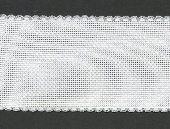 Picture of Offcuts Zweigart Aida Band 8cm/3.25 Inch Wide White with a Silver Scalloped Edging (Multiple Sizes)