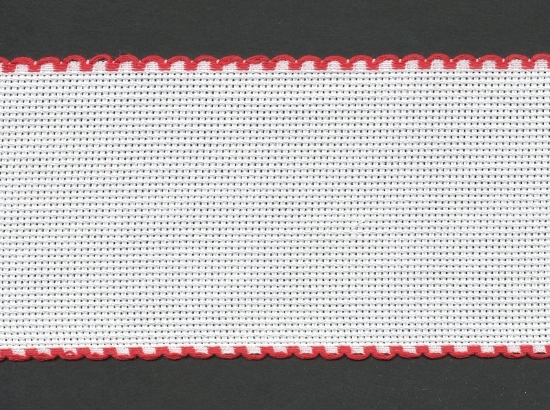 Picture of Offcuts Zweigart Aida Band 8cm/3.25 Inch Wide White with a Red Scalloped Edging (Multiple Sizes)