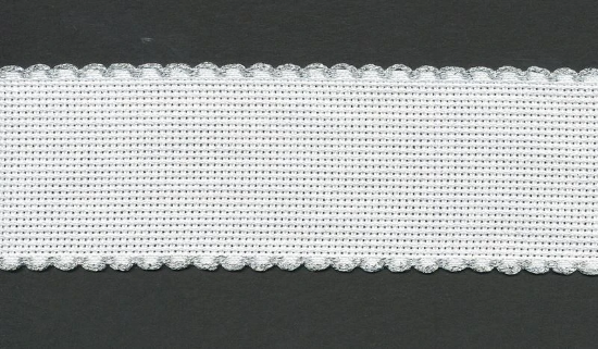 Picture of Offcuts Zweigart Aida Band 2.5cm/1 Inch Wide White with a Silver Scalloped Edging (Multiple Sizes)
